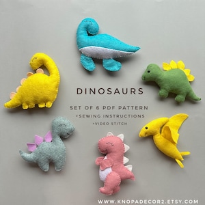 May include: Set of six felt dinosaur patterns for sewing. The patterns include a blue, yellow, green, pink, and two yellow dinosaurs. The image includes the text "DINOSAURS SET OF 6 PDF PATTERN +SEWING INSTRUCTIONS +VIDEO STITCH WWW.KNOPADECOR2.ETSY.COM".