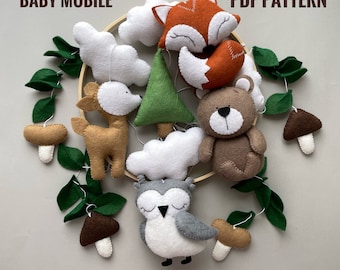 Woodland baby mobile pdf pattern DIY crib mobile handmade baby shower gift funny ornaments felt animals cute bear plush fox felt mushrooms