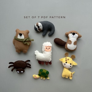 Set of 7 pdf felt pattern kawaii plush toy ornament bear alpaca sloth ornament plushie felt animals pattern handmade plush