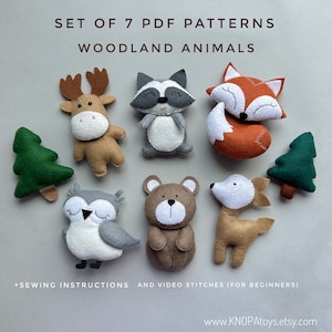 Set of 7pdf Woodland animals plush pattern fox ornament bear felt pattern owl plushie pattern raccoon handmade baby mobile pattern elk