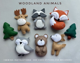 Conjunto de 7pdf Animais da floresta padrão de pelúcia raposa ornamento urso feltro padrão coruja pelúcia padrão guaxinim feito à mão bebê móbile padrão alce