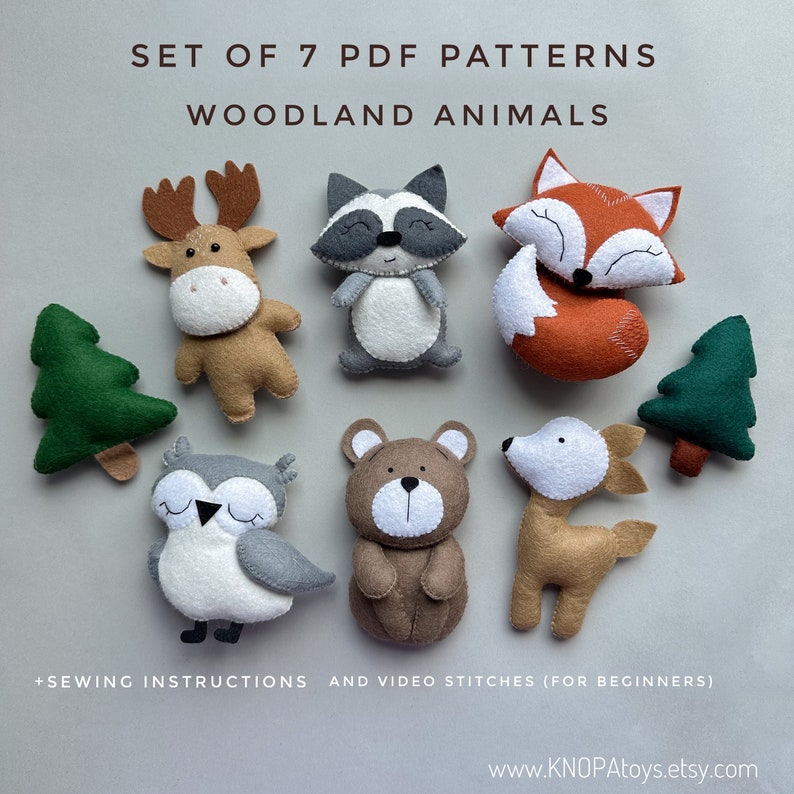 Set of 7pdf Woodland animals plush pattern fox ornament bear felt pattern owl plushie pattern raccoon handmade baby mobile pattern elk image 1