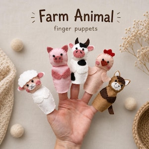 May include: A set of five felt finger puppets featuring a white sheep, a pink pig, a black and white cow, a light pink chicken, and a brown donkey. The text "Farm Animal finger puppets" is printed in brown above the puppets on a light background.