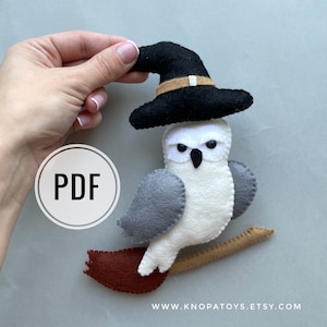 Set of 5 Funny ornament felt sewing decor owl ornament PDF plush pattern wizard hat gift best friend ornament Digital Download DIY