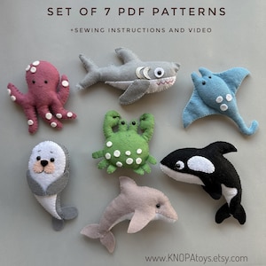 Set of 7 pdf pattern felt sea animals plush pattern shark funny ornaments Unser the sea kawaii plushie ocean baby mobile pattern garland