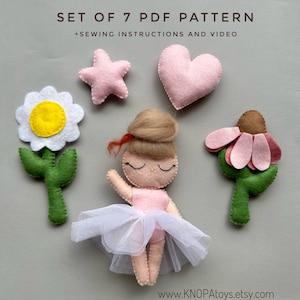 Conjunto de patrón pdf bailarina felpa patrón flores de fieltro adorno hecho a mano bebé móvil patrón fieltro guirnalda única niña adorno hecho a mano juguete