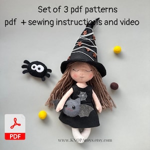 Felt doll witch pdf pattern cute halloween handmade DIY doll plush feltro ornament soft doll dress sewing tutorial clothes easy plushie