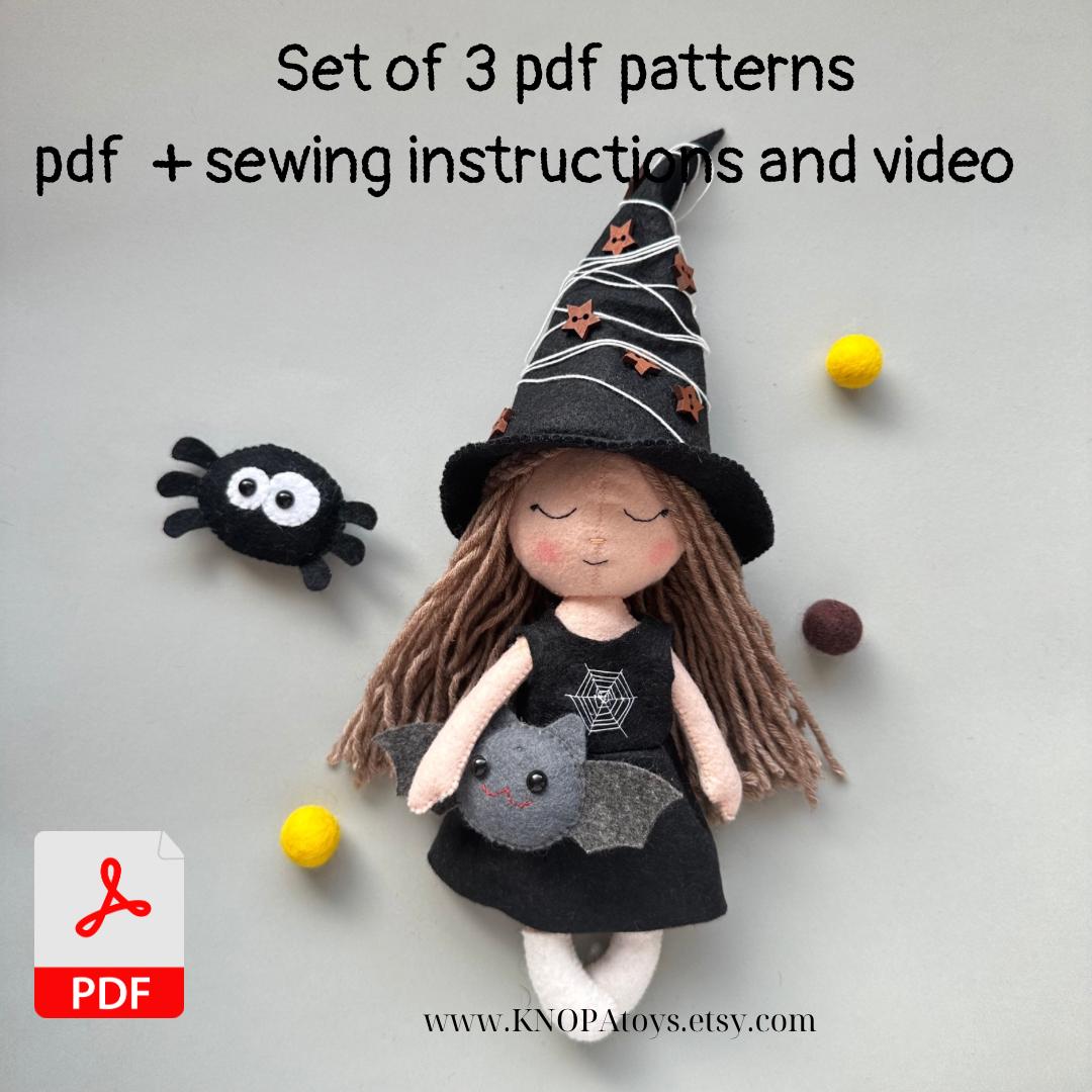 Felt doll witch pdf pattern cute halloween handmade DIY doll plush feltro ornament soft doll dress sewing tutorial clothes easy plushie