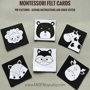 Modello pdf di cartoncini Montessori in feltro ad alto contrasto e tutorial su come realizzare cartoline montessori stampabili per l'asilo nido, attività per bambini