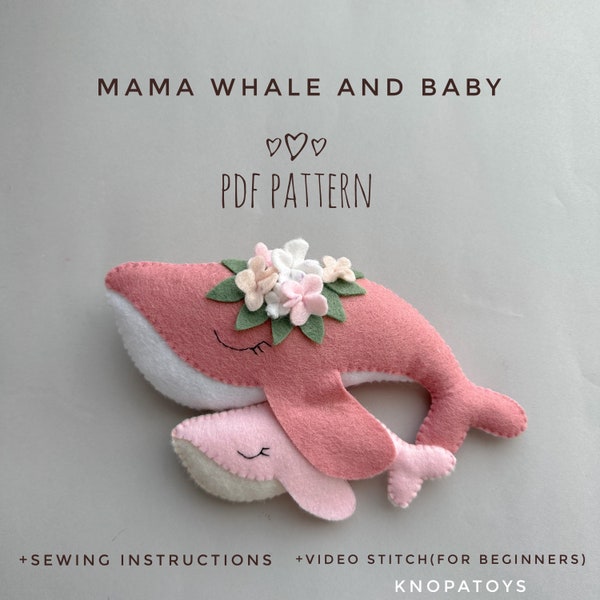 Set of 2 pdf felt Whale plushie pattern kawaii under the sea animals ornament cute baby mobile pattern whale decor baby shower gift baby