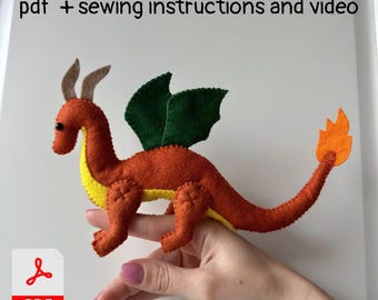 Dragon pdf felt pattern plush patrones fieltro miniature fantasy dragon ornament stuffed Dinosaur kawaii plushie toy hand sewing tutorial