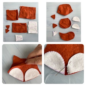 May include: A step-by-step guide to making a felt fox toy. The image shows the different felt pieces needed to make the fox, as well as the process of sewing the pieces together.