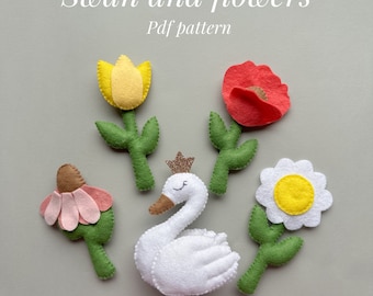 Set of 5 pdf plush pattern swan ornament felt flowers kawaii plush pattern diy felt garland tutorial bird and flower decor baby girl nursery