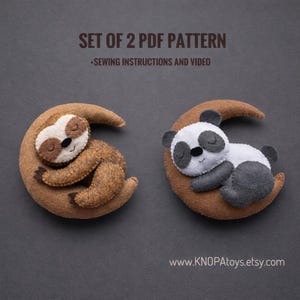 Set of 2 pdf Pattern Felt Panda Plush Sewing Templates Sloth Ornament Funny Sleeping Animal Handmade Cute Plushie DIY Toys Gift Idea