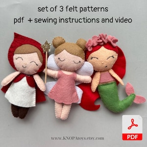 Set of 3 pdf pattern Princess doll pattern Tooth fairy ornament mermaid plushie hand sewing DIY felt doll tutorial girl ornament baby mobile