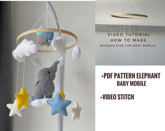 Video tutorial and PDF pattern elephant crib mobile plush pattern DIY baby mobile nursery decor felt sewing handmade gift baby shower
