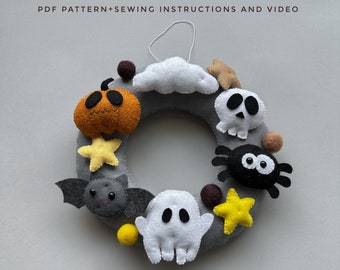 Set of 7 pdf Halloween plush felt pattern Halloween cute decor home handmade kawaii plush toy pumpkin ornament Halloween garland bat plush