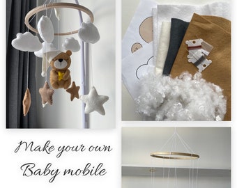 Make your own baby mobile felt craft kit diy mobile kit do it yourself bear plush decor crib mobile woodland nursery bear nursery decor