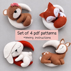 Conjunto de 4 patrones en PDF de animales de fieltro, patrón de peluche de oso, lindos adornos hechos a mano, animales del bosque, móvil para bebé, patrón de zorro, patrón de conejito, adornos divertidos