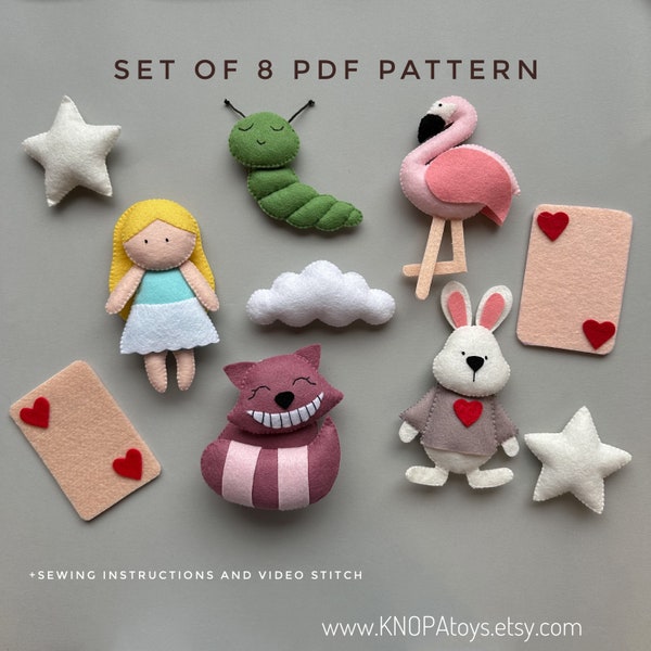 Set of 8 pdf pattern Alice in Wonderland baby mobile pattern Alice handmade plush ornament bunny plushie pattern flamingo kawaii plush toy