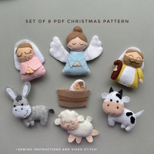 Può includere: Set di 8 modelli di Natale in PDF per ornamenti in feltro. I modelli includono un asino, una mucca, una pecora, un angelo, Maria, Giuseppe, il bambino Gesù e una mangiatoia. Sono incluse istruzioni di cucito e un video di punto.