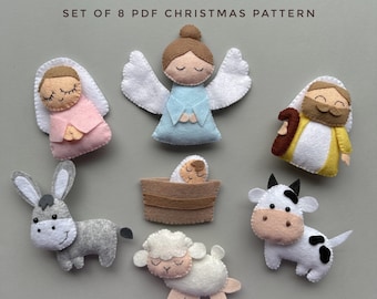 Conjunto de 8 patrón pdf Belén adorno navideño fieltro cosiendo patrón de felpa adorno de vaca burro y oveja patrón de peluche animales de granja