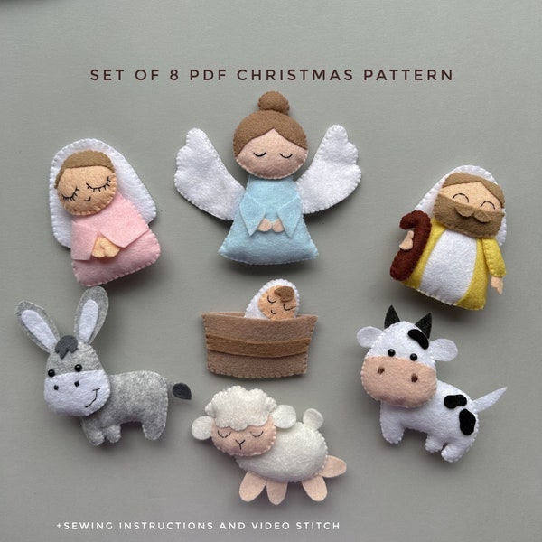 Set of 8 pdf pattern Nativity scene Christmas ornament felt sewing plush pattern cow ornament donkey and sheep plushie pattern farm animals