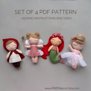 Set of 4 pdf pattern Princess doll pattern Tooth fairy ornament mermaid plushie ballerina DIY felt doll tutorial girl ornament baby mobile