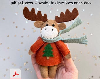 Patrón de fieltro en PDF de un alce, adorno navideño, divertido, hecho a mano, lindos animales del bosque, kawaii, decoración invernal para el hogar, peluche, juguetes de Año Nuevo, tutorial