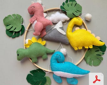Set of 7 pdf dinosaur baby mobile felt Pattern nursery ornament dino gift plushie pattern kawaii plush diy baby mobile custom plushie