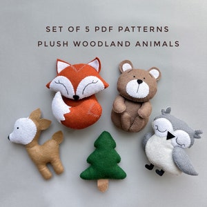 Set of 5 pdf felt pattern woodland animals ornament plush sewing pattern fox plush bear diy baby mobile pattern nursery garland crib toy