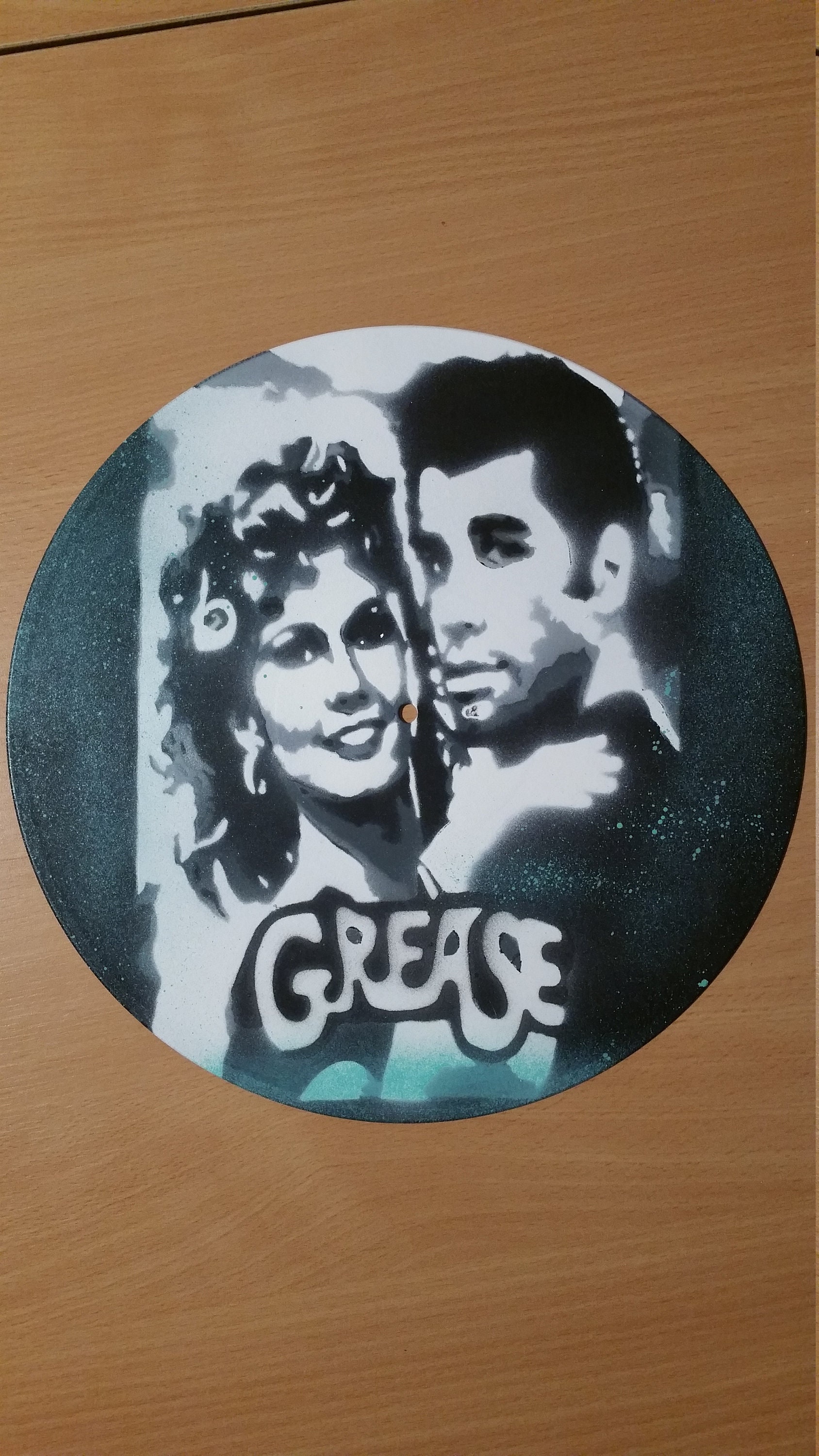 Film Grease Travolta Newton-John - Peinture sur Vinyle 33 Tours Spray Vinyl Record Art