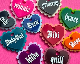 Frilly Heart Pet ID Tag, Gothic Acrylic Dog Tag, Laser Engraved Name, Hand Painted