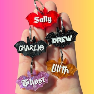 Custom Bat Pet ID, Personalized Spooky Pet Tag, Gothic Bat Acrylic Pet Tag