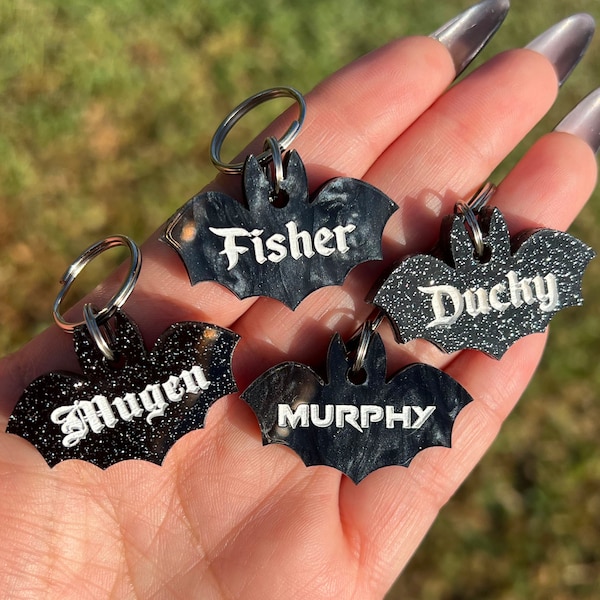 Custom Bat Pet ID, Personalized Spooky Pet Tag, Gothic Bat Acrylic Pet Tag