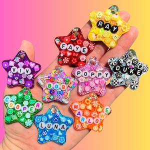 May include: Nine colorful star-shaped dog tags with different names on them. The names are: Ray, Faye, Poppy, Viv, Bob, Cooper, Luna, Marlow, and Duke. Each tag is filled with glitter and colorful embellishments.