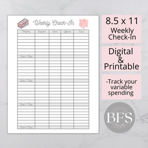 May include: A digital and printable 8.5 x 11 inch weekly check-in budget planner. The planner includes sections for category, budgeted, spent, leftover, and notes. The design features a piggy bank and text that says "Track your variable spending."