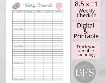 Printable Weekly Check In Worksheet | Budget Planner | Variable Spending | Money Tracker