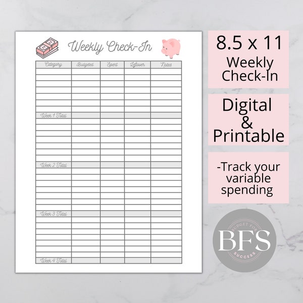 Printable Weekly Check In Worksheet | Budget Planner | Variable Spending | Money Tracker