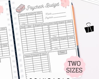 May include: Printable paycheck budget tracker with sections for income, bills, savings, and notes. The budget tracker features a pink pig illustration and the text "Paycheck Budget".