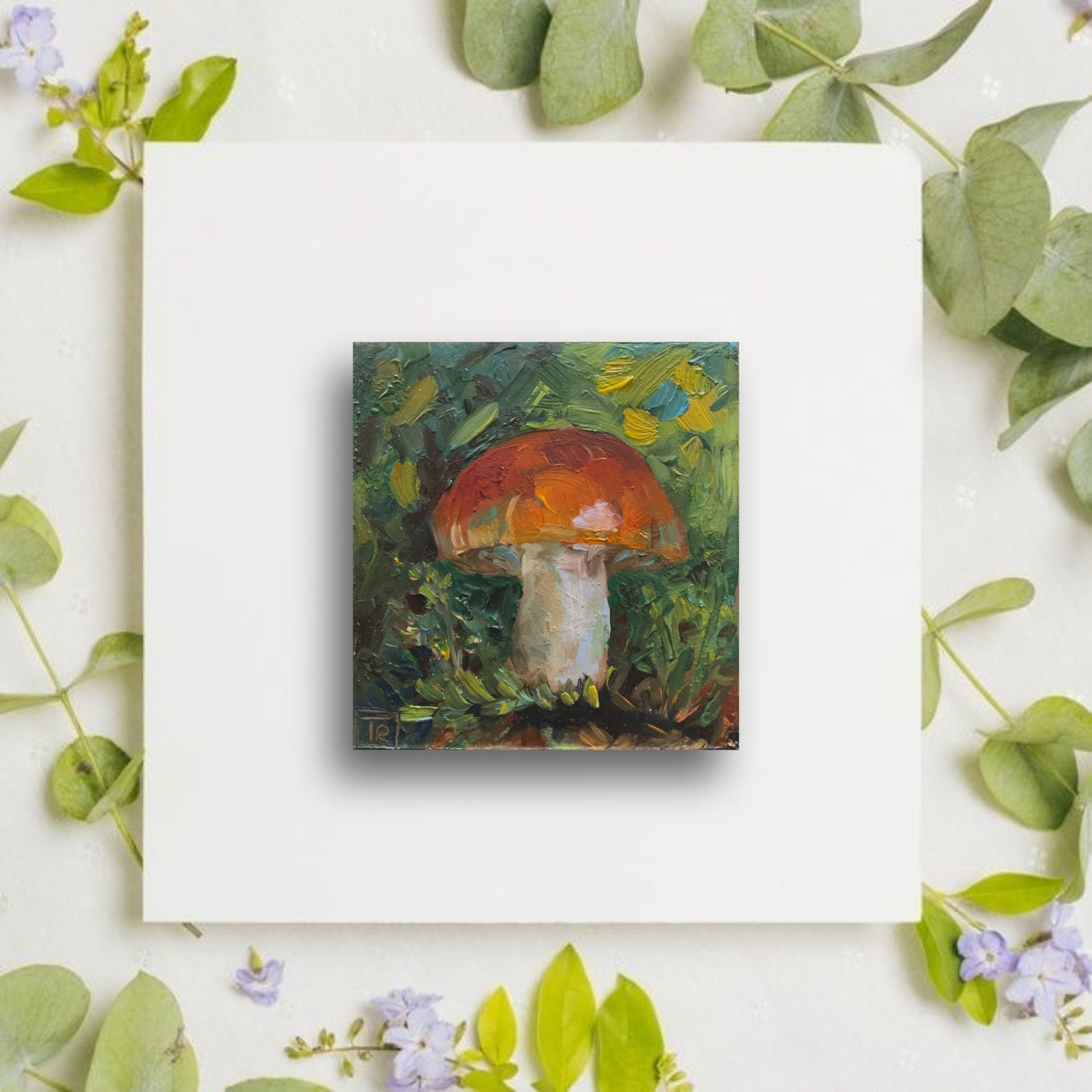 Mushroom oil painting Original artwork Small painting 4x4 Etsy
