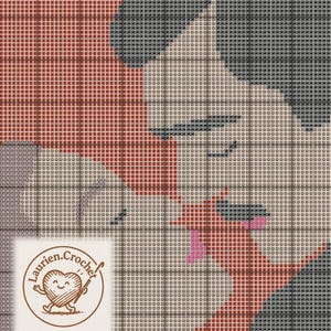 Op de afbeelding: Een kruissteekpatroon van een vrouwengezicht, weergegeven in een pixelachtige stijl. Het kleurenpalet omvat tinten rood, grijs en beige. De afbeelding bevat het logo "Laurien.Crochet" in de linker benedenhoek.