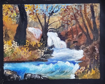 Chute d'eau cachée - Peinture à l'huile originale faite à la main sur une toile de 30 x 35 cm - Sans cadre