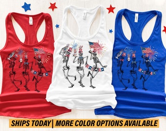 4th July Skeletons Shirt, Dancing Skeleton Tank Top, 4th of July Tank Top, American Flag Tank, Patriotic Shirt, Fourth Of July Tank Top