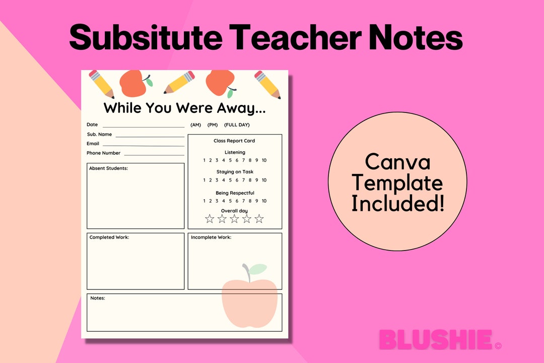Substitute Teacher Notes, Substitute Teacher Template, Substitute Teacher Printable, Supply