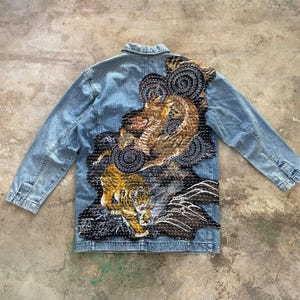 Upcycled Sashiko Denim Jacket, Tiger and Dragon Japanese Sukajan Motif, Hand-Stitched Patchwork, One-of-a-Kind Men’s Chore Coat Fit Large