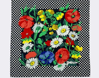 Pañuelo de Jim Thompson con estampado floral vintage de amapolas y margaritas y borde de lunares, colorido y cuadrado.