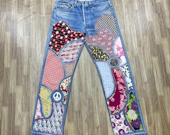 Made To Order Vintage 80s 501 Jeans Light Wash Patchwork Floral Slim Leg Jeans, Unique Handcrafted Denim, Stylish Everyday Wear Perfect Gift
