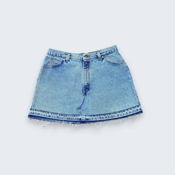 Größe 32 Vintage 90er Jahre Levis 912 Mini Rock Made in USA Denim Maxi Rock Blume Patchwork Distress Fringe Upcycle Short