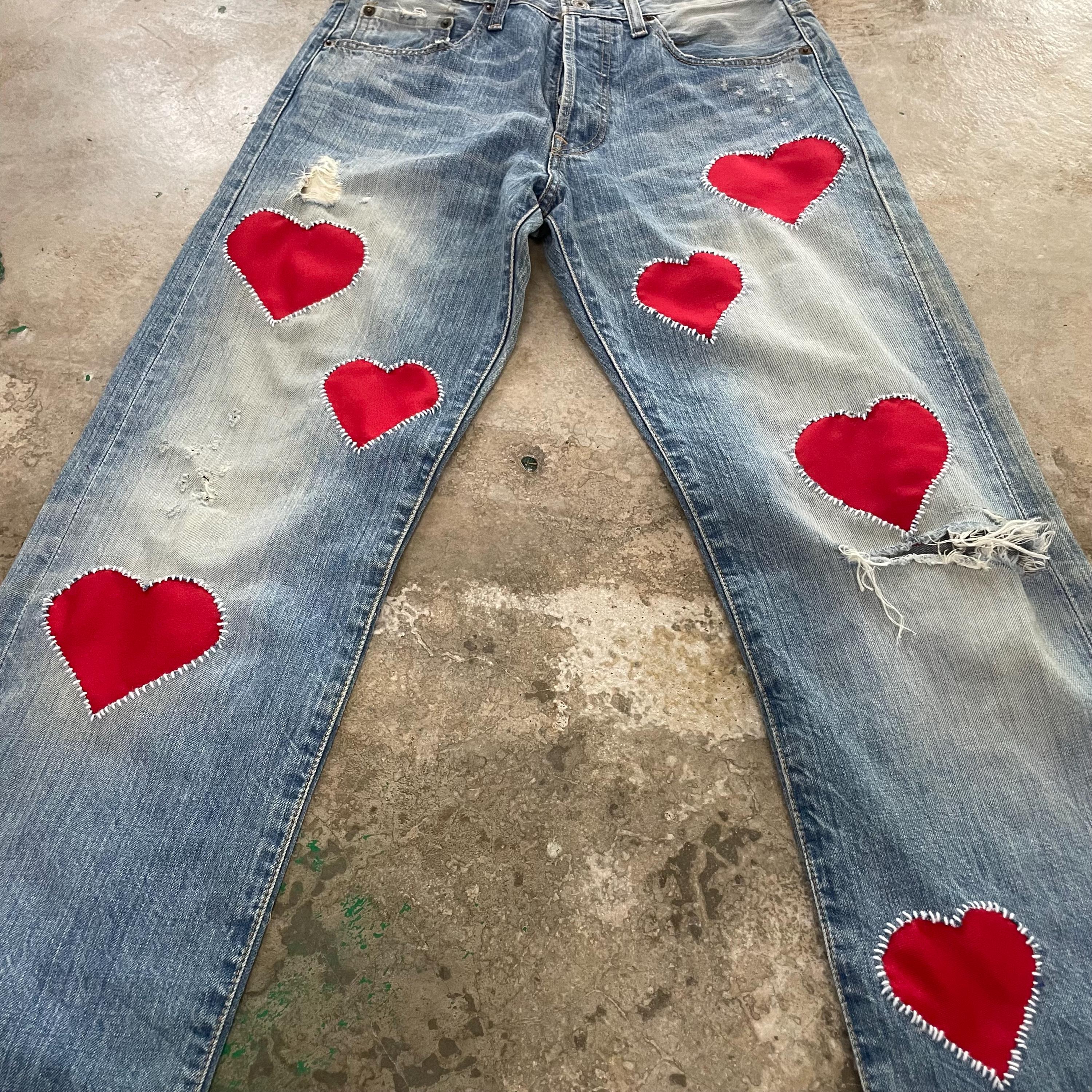 Made to Order Vintage Levis 501 Jeans Light Wash Patchwork Heart 